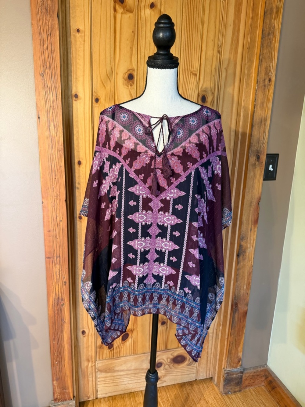 Rose & Olive Tie-Front V-Neck Women’s sheer Poncho with attached tank in Plum,L